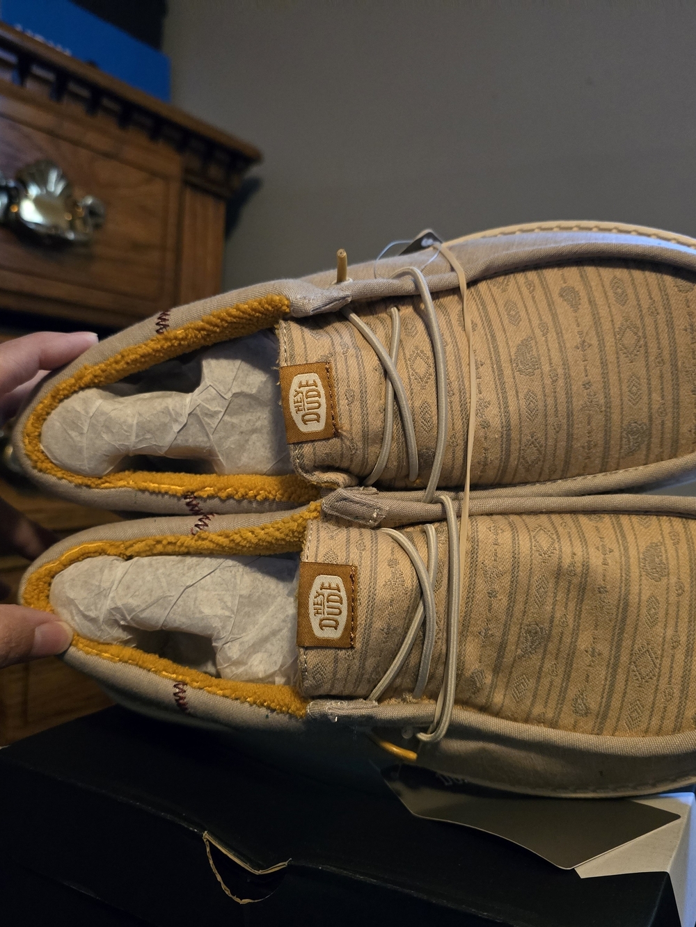 Hey Dude Men’s Slip-On Loafers in Beige with Mustard Trim
